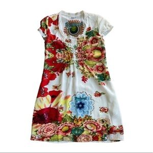 🥒 Desigual Floral Short Sleeve Scoop Neck Smocked Maternity Dress Size 38, Small